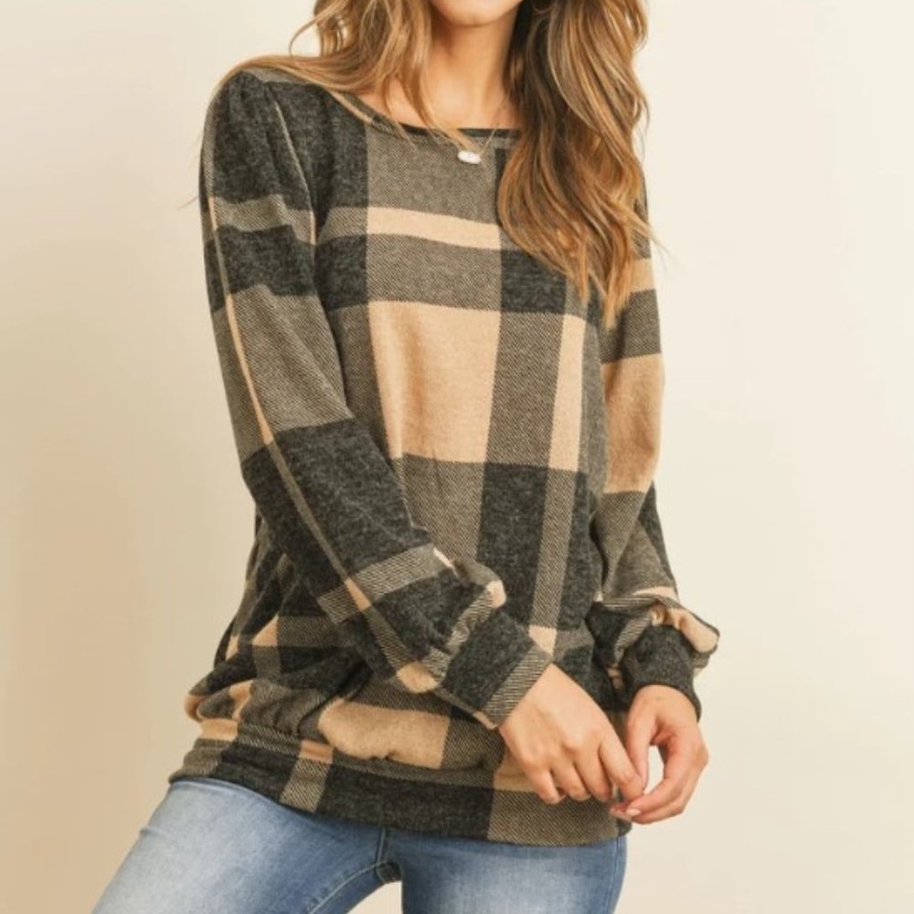 RIAH FASHION PLAID ROUND NECK LONG SLEEVE TOP - SZ Small